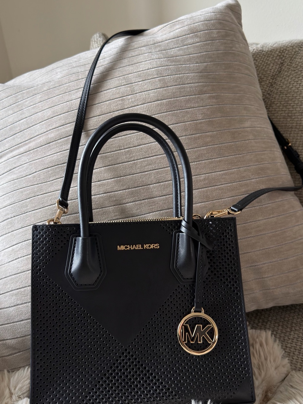 Michael Kors Black Perforated Leather Satchel with Gold Hardware